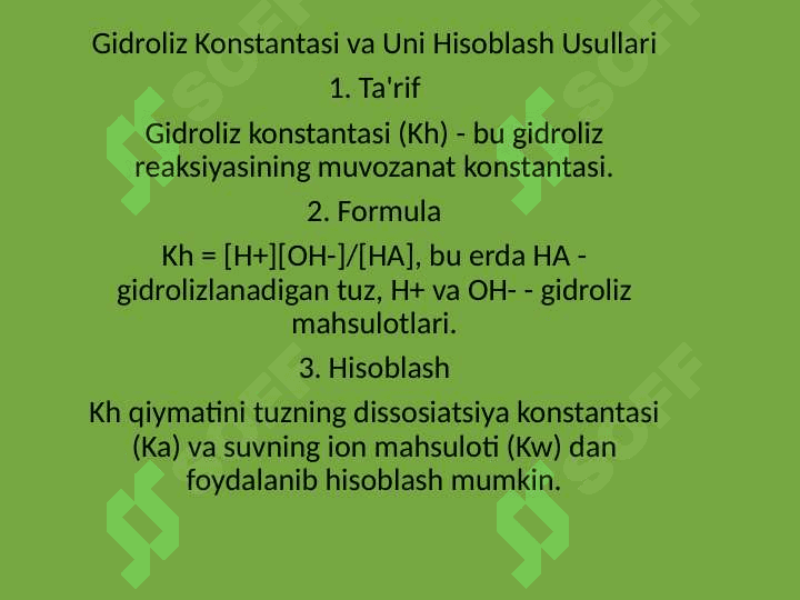 GIDROLIZLANADIGAN TUZLAR ERITMALARNING GIDROLIZ KONSTANTASI,GIDROLIZ DARAJASINI HISOBLASH TENGLAMASINI KELTIRIB CHIQARISH 6