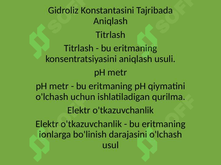 GIDROLIZLANADIGAN TUZLAR ERITMALARNING GIDROLIZ KONSTANTASI,GIDROLIZ DARAJASINI HISOBLASH TENGLAMASINI KELTIRIB CHIQARISH 8