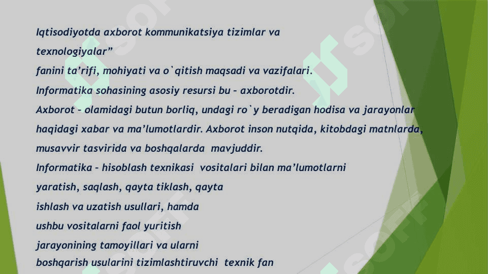 Iqtisodiyotda axborot-kommunikatsiya tizimlar va texnologiyalar” fanining ta’rifi mohiyati, o’qitish maqsadi va vazifalariIqtisodiyotda axborot-kommunikatsiya tizimlar va texnologiyalar” fanining ta’rifi mohiyati, o’qitish maqsadi va vazifalari 4