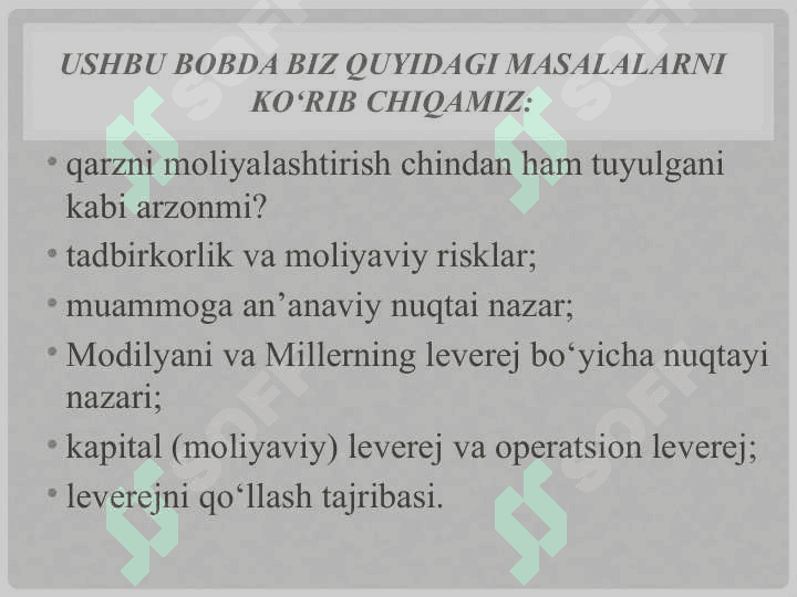 LEVEREJ, KAPITAL QIYMATI VA AKSIYADORLAR FAROVONLIGI 3