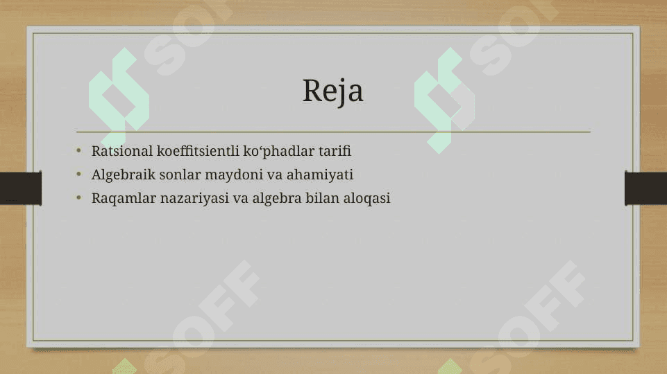 Ratsional koeffitsienti koʻphadlar. Algebraik sonlar maydoni 2