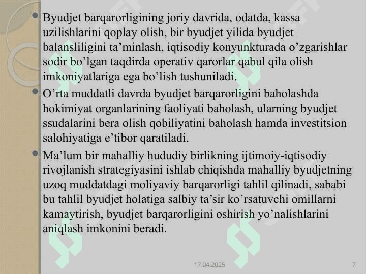 Mahalliy byudjetlar daromadlari va xarajatlarini tartibga solish 7