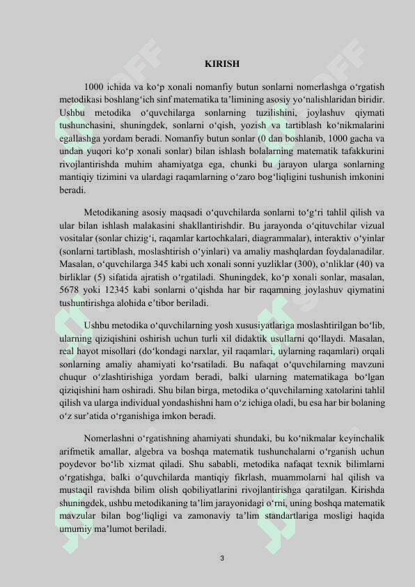 MAVZU: 1000 ICHIDA VA KOʻP XONALI NOMANFIY BUTUN SONLARNI NOMERLASHGA OʻRGATISH METODIKASI. 

Kurs ishi 3