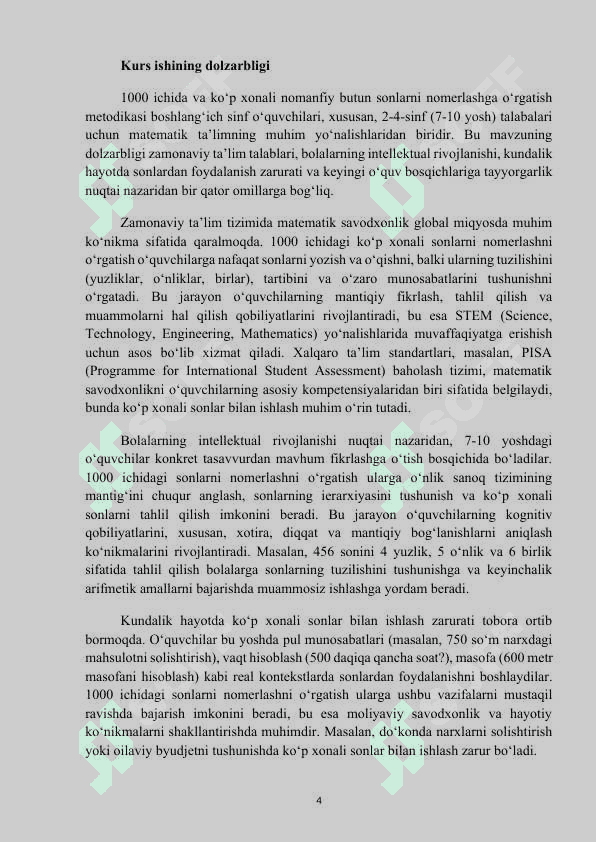 MAVZU: 1000 ICHIDA VA KOʻP XONALI NOMANFIY BUTUN SONLARNI NOMERLASHGA OʻRGATISH METODIKASI. 

Kurs ishi 4