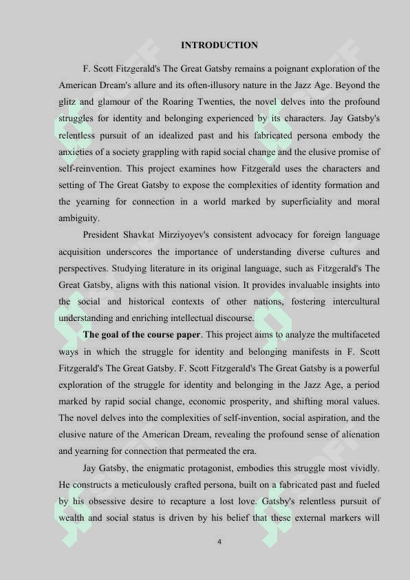The reference to struggle for identity and belonging in F. Scott Fitzgerald’s The Great Gatsby kurs ishi 4