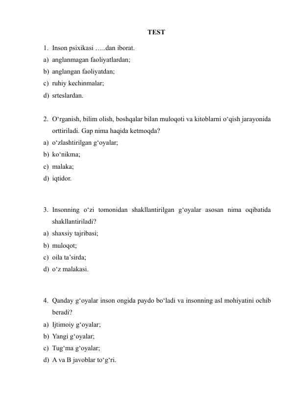 Psixologiya fanidan testlar