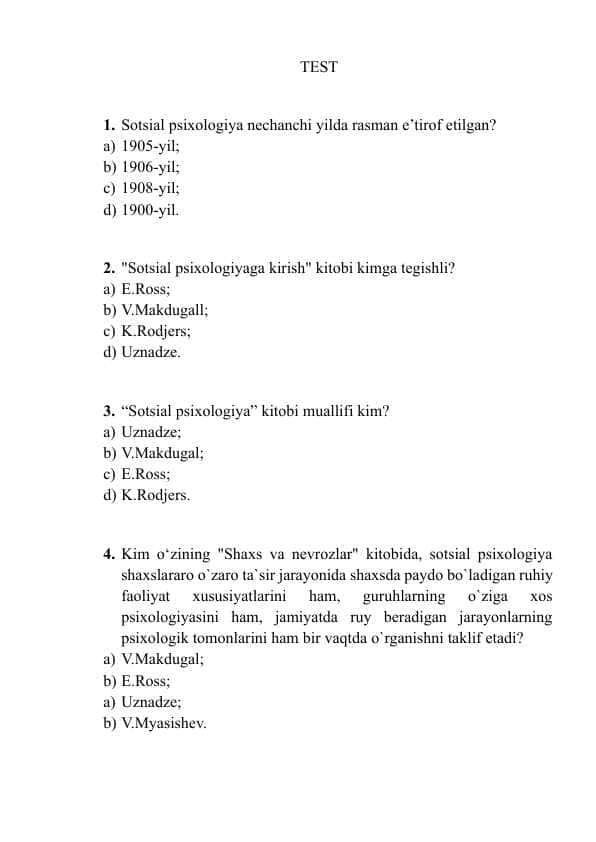 Sotsial psixologiya psixologiya fanidan testlar