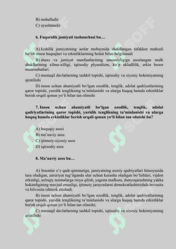O’zbekistonning eng yangi tarixi fanidan test savollari (javoblarsiz) 2