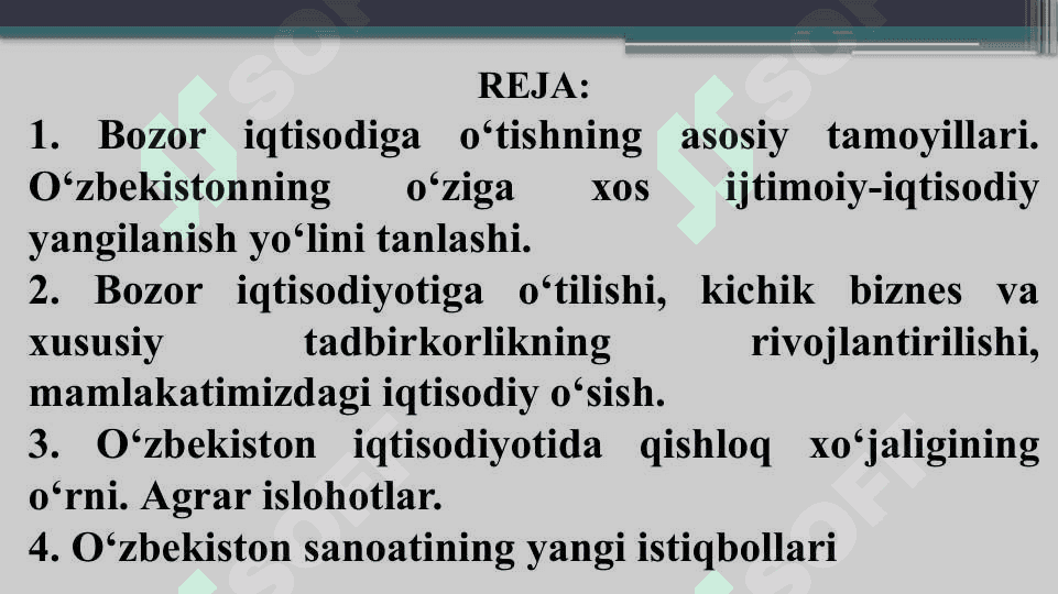 IQTISODIY ISLOHOTLAR,  XUSUSIY MULKCHILIKNING SHAKLLANISHI.  O‘ZBEKISTONDA BOZOR MUNOSABATLARINING RIVOJLANISHI 2