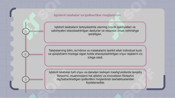 Iqtidorli oʻquvchilarni oʻqitish, oʻquvchilarning bilim, koʻnikma va malakalarni tashkil etish 8