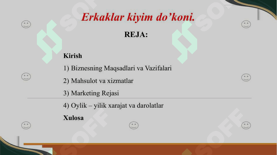 Tadbirkorlik faolyatlarini tashkil etish. Erkaklar kiyim do’koni sohasida 2