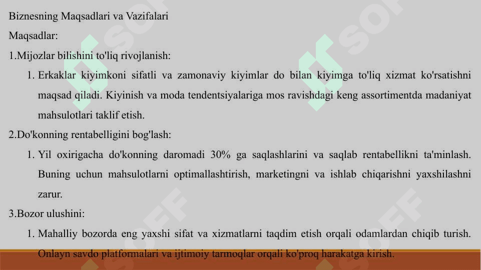 Tadbirkorlik faolyatlarini tashkil etish. Erkaklar kiyim do’koni sohasida 3