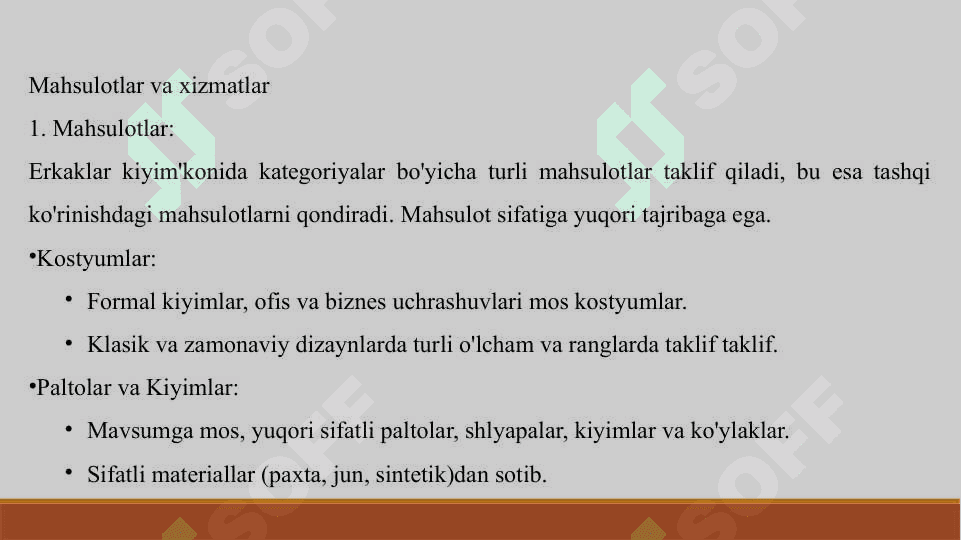 Tadbirkorlik faolyatlarini tashkil etish. Erkaklar kiyim do’koni sohasida 6