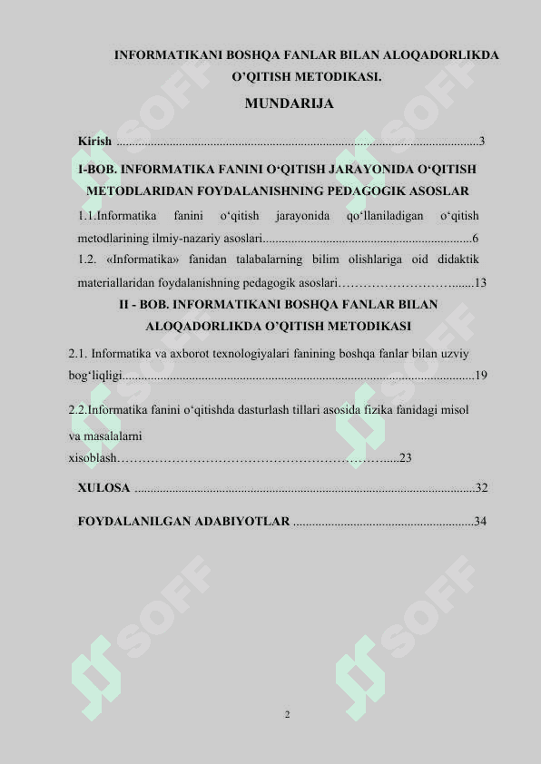 INFORMATIKANI BOSHQA FANLAR BILAN ALOQADORLIKDA O’QITISH METODIKASI tayyori 2