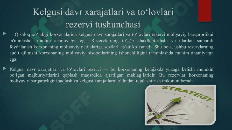 Qishloq xoʼjaligi korxonalarida kelgusi davr xarajatlari va toʼlovlari rezervidan foydalanishni tekshirish 3