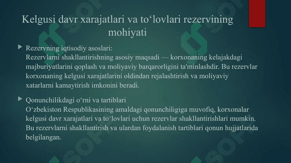 Qishloq xoʼjaligi korxonalarida kelgusi davr xarajatlari va toʼlovlari rezervidan foydalanishni tekshirish 4