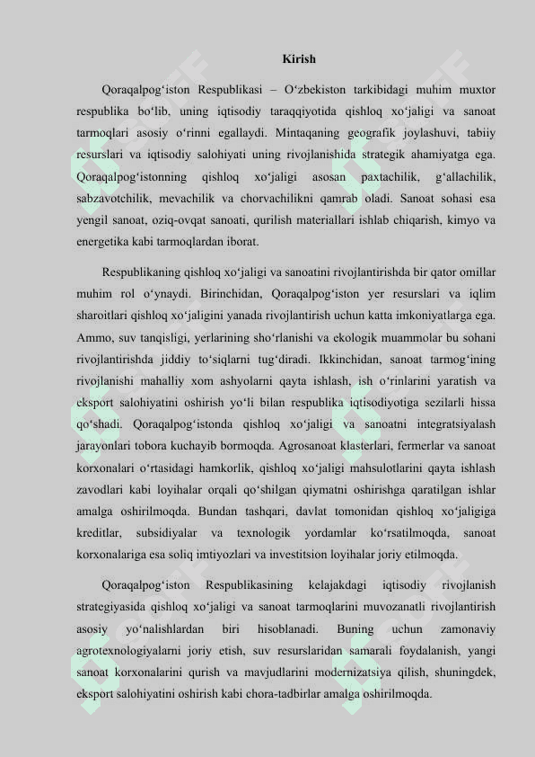 Qoraqalpog’iston  Respublikasi qishloq xo’jaligi va sanoat sohasini rivojlantirish yo’nalishlari 2
