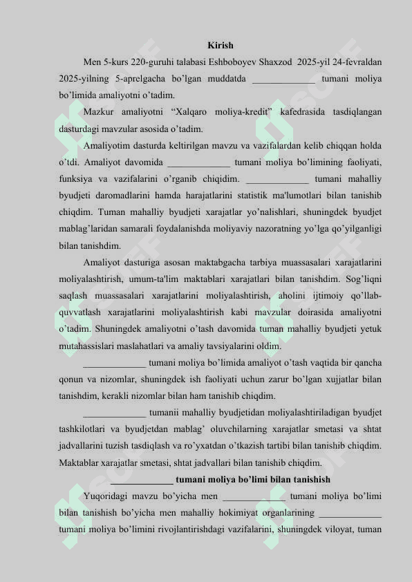 Moliya bo’limi amaliyot hisoboti 2