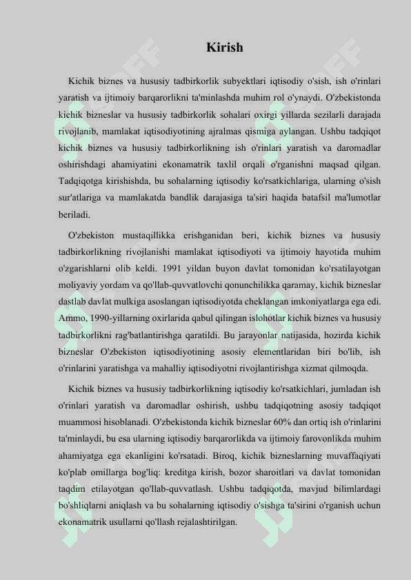 AXOLI BANDLIGI VA DAROMADLARINI OSHIRISHDA KICHIK BIZNES VA HUSUSIY TADBIRKORLIK SUBEKTLARI KOʻRSATKICHLARINI EKONAMATRIK TAXLIL QILISH.docx 2