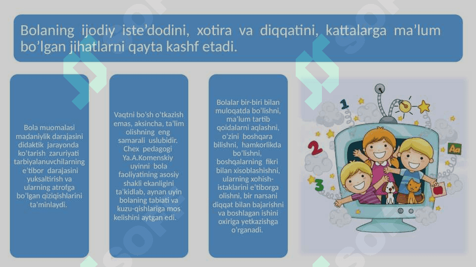 Maktabgacha ta’limda o`yin texnologiyalari mohiyati va o`yin orqali ta’lim olish va rivojlantirish 4