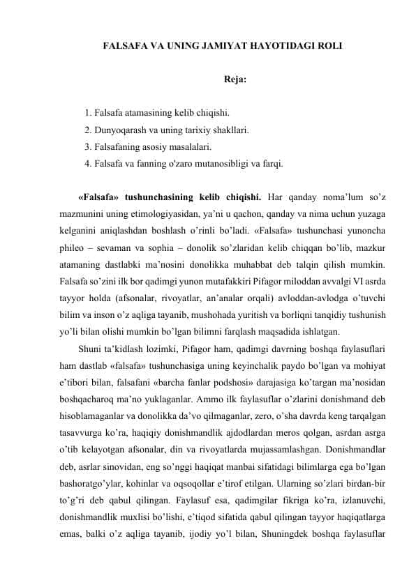 Falsafa va uning jamiyat hayotidagi roli