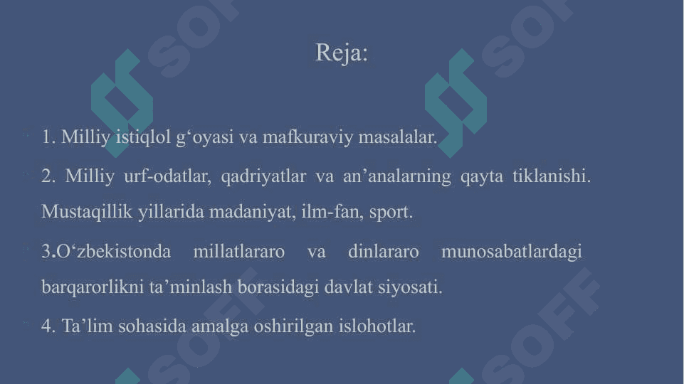 Mustaqillik yillarida O’zbekistonning ma’naviy va madaniy taraqqiyoti. O’zbekiston Respublikasida ta’lim sohasida amalga oshirilgan islohotlar. - Мустақиллик йилларида Ўзбекистоннинг маънавий ва маданий тараққиёти. Ўзбекистон Республикасида таълим соҳасида амалга оширилган ислоҳотлар. 3