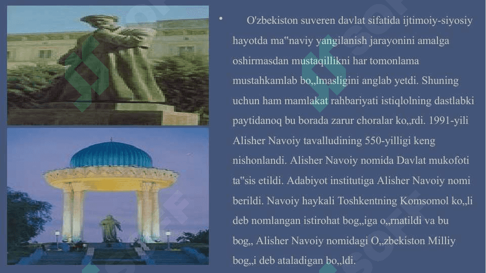 Mustaqillik yillarida O’zbekistonning ma’naviy va madaniy taraqqiyoti. O’zbekiston Respublikasida ta’lim sohasida amalga oshirilgan islohotlar. - Мустақиллик йилларида Ўзбекистоннинг маънавий ва маданий тараққиёти. Ўзбекистон Республикасида таълим соҳасида амалга оширилган ислоҳотлар. 7