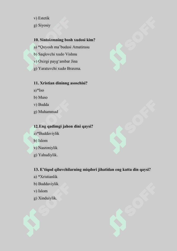 Dinshunoslik fanidan test savollari 3