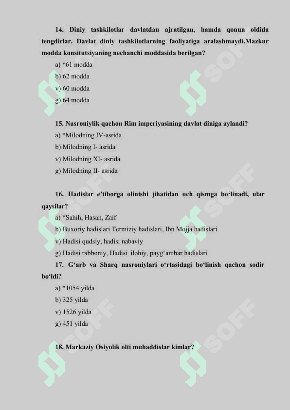 Dinshunoslik fanidan test savollari 4