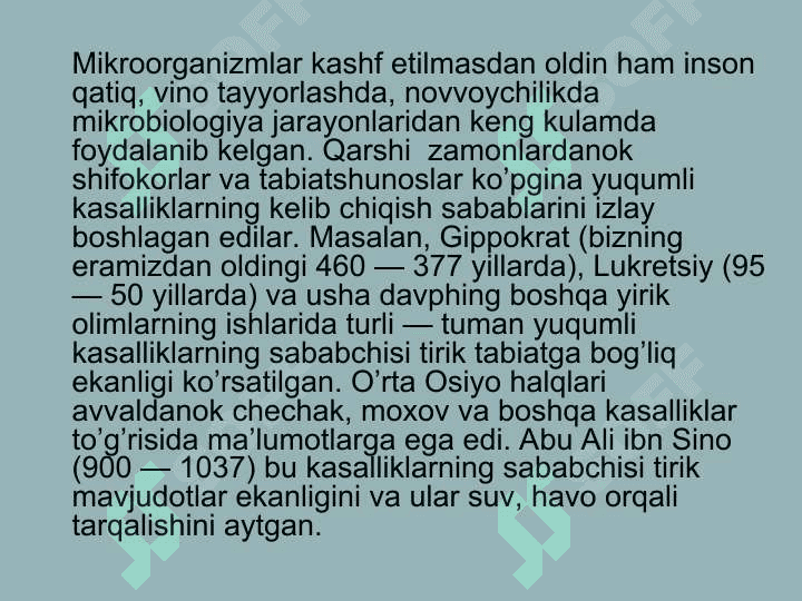 Mikrobiologiyaning paydo bo‘lishi va rivojlanish tarixi. Hozirgi zamon mikrobiologoyasi 2