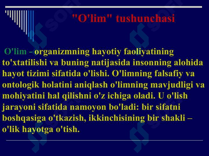 O‘lim va o‘lish jarayoni,inson hayotining intihosi.O‘lish va o‘limning ahloqiy jihatlari.Klinik va biologik o‘lim.“O‘lim faktini konstatatsiya qilishga oid Sidney deklaratsiyasi”.“Miya o‘limi” masalasi va uning zamonaviy tibbiy amaliyotdagi ahamiyati.Evtanaziya tushunchasi.Evtanaziyaning turlari.Onkologik kasalliklar.Palliativ tibbiyot.Xospislar va ularning faoliyati.“Terminal holat to‘g‘risida Venesiya deklaratsiyasi”(1983). 2