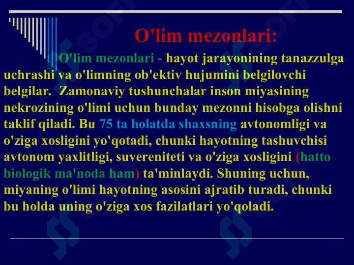 O‘lim va o‘lish jarayoni,inson hayotining intihosi.O‘lish va o‘limning ahloqiy jihatlari.Klinik va biologik o‘lim.“O‘lim faktini konstatatsiya qilishga oid Sidney deklaratsiyasi”.“Miya o‘limi” masalasi va uning zamonaviy tibbiy amaliyotdagi ahamiyati.Evtanaziya tushunchasi.Evtanaziyaning turlari.Onkologik kasalliklar.Palliativ tibbiyot.Xospislar va ularning faoliyati.“Terminal holat to‘g‘risida Venesiya deklaratsiyasi”(1983). 4