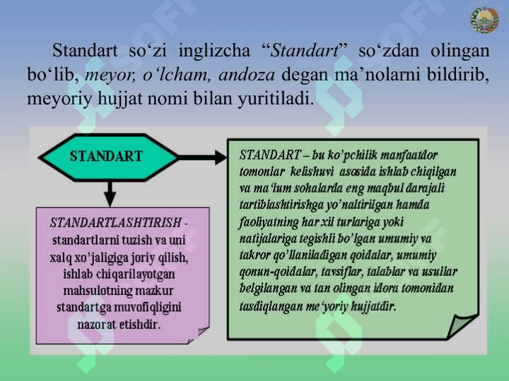 Standartlashtirishning asosiy maqsadi va vazifalari. Standartlashtirish ob’ektlari 5