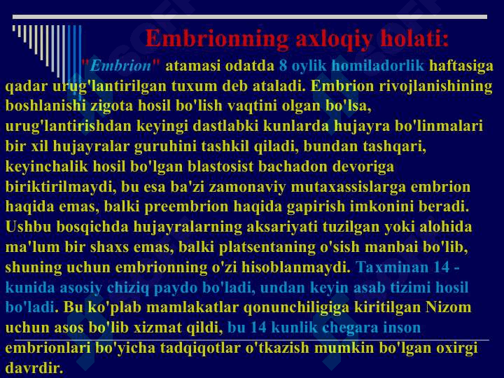 Yangi reproduktiv texnologiyalarning axloqiy muammolari. Hayot oliy qadriyat sifatida. Inson hayotining boshlanish vaqtini aniqlash muammosi. Embrionning ahloqiy statusi. Homiladorlikni to‘xtatishning etik-huquqiy jihatlari. Yangi reproduktiv texnologiyalarni qo‘llash va prenatal diagnostikaning etik jixatlari. Ekstrakorporal urug‘lantirish va surrogat onalik masalalari. 2