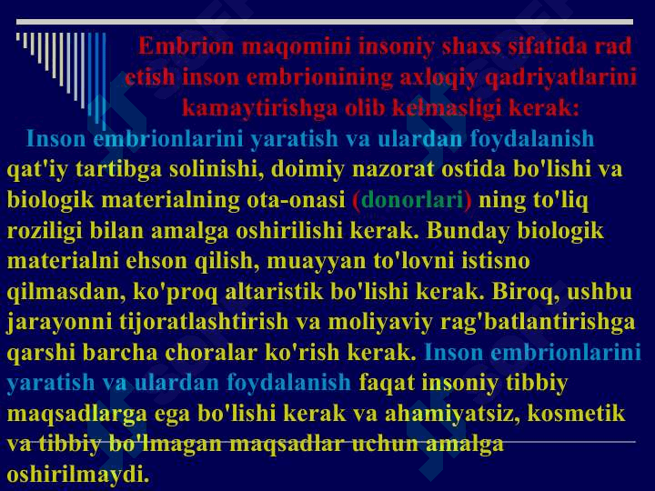 Yangi reproduktiv texnologiyalarning axloqiy muammolari. Hayot oliy qadriyat sifatida. Inson hayotining boshlanish vaqtini aniqlash muammosi. Embrionning ahloqiy statusi. Homiladorlikni to‘xtatishning etik-huquqiy jihatlari. Yangi reproduktiv texnologiyalarni qo‘llash va prenatal diagnostikaning etik jixatlari. Ekstrakorporal urug‘lantirish va surrogat onalik masalalari. 7