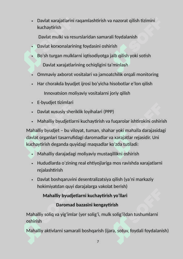 Davlat byudjeti tarkibi va uni takomillashtirish   yo’llari. 7