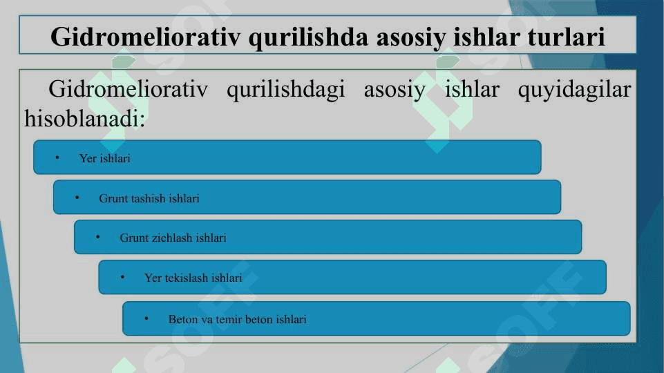 Gidromeliorativ qurilishda asosiy ishlar turlari va ularni bajarish uchun kerakli resurslar 3
