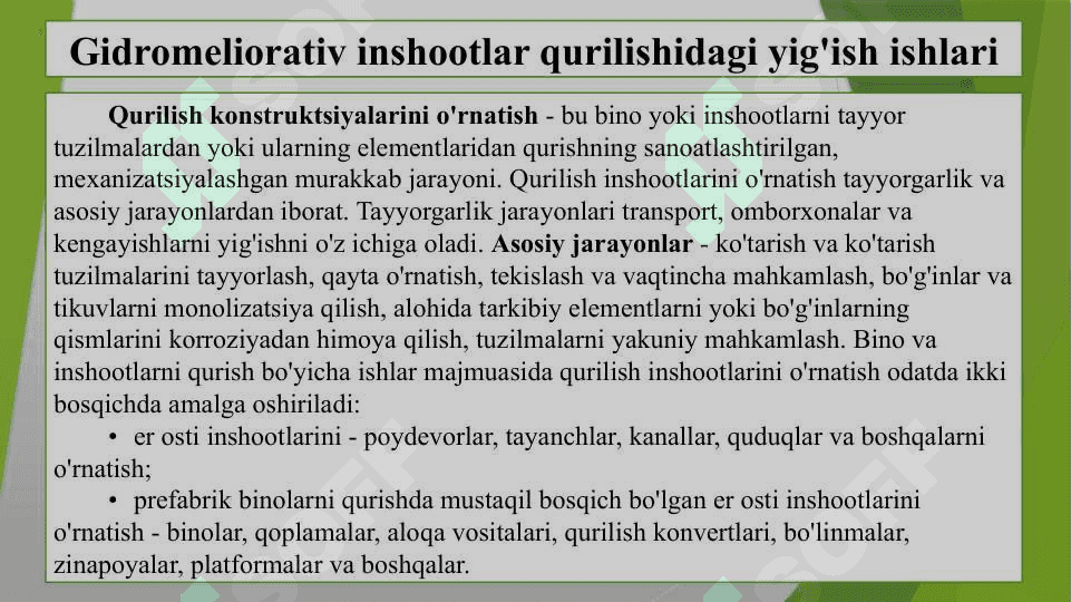 Gidromeliorativ inshootlar qurilishidagi yig’ish ishlarida qo’llaniladigan uskunalar va jihozlarni tanlash xususiyatlari 2