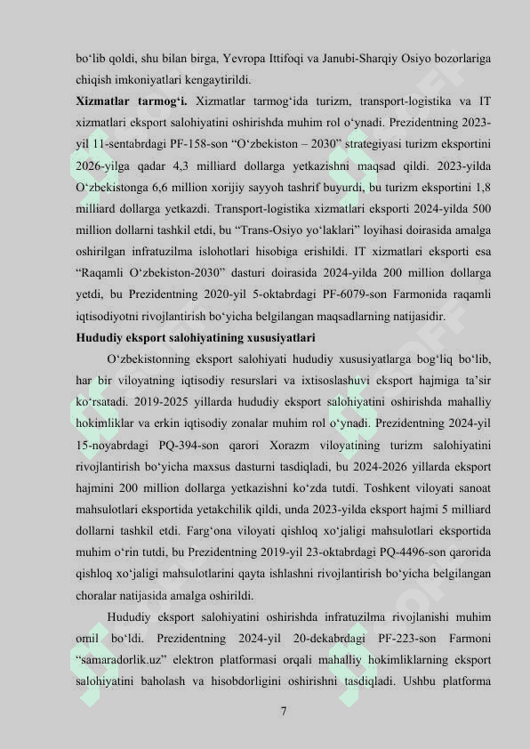 Iqtisodiyot tarmoqlari va hududlarida eksport salohiyatini kengaytirish 7
