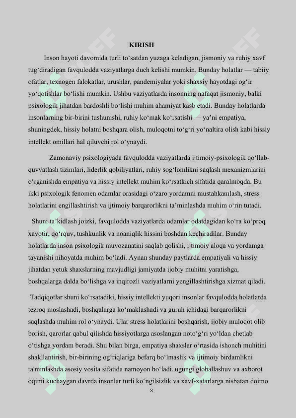 Mavzu:”favqulodda vaziyatlarda empatiya va hissiy intellektning o’rni” kurs ishi 3