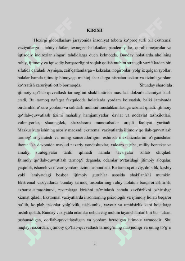 Mavzu:”Ektremal vaziyatlarda ijtimoiy qo’llab-quvvatlash tarmog’ini shakllantirish “ kurs ishi 3