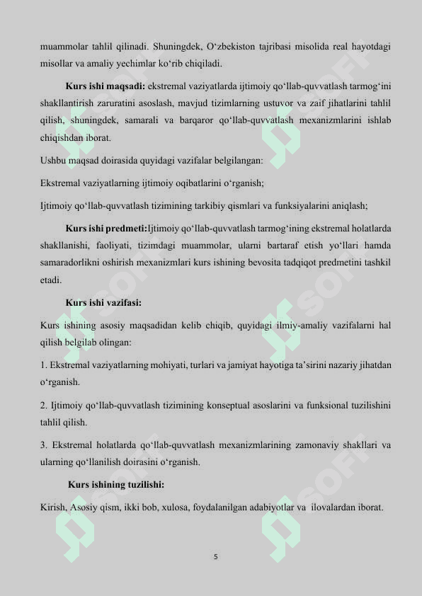Mavzu:”Ektremal vaziyatlarda ijtimoiy qo’llab-quvvatlash tarmog’ini shakllantirish “ kurs ishi 5
