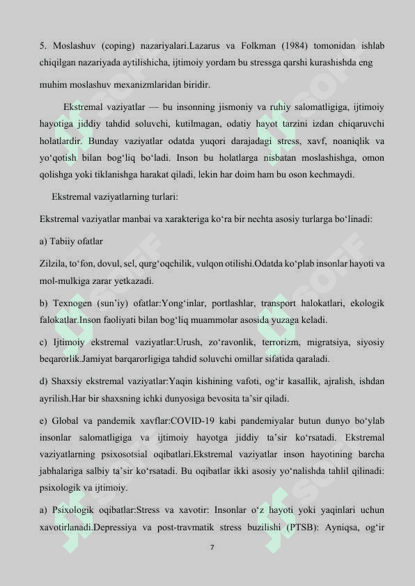 Mavzu:”Ektremal vaziyatlarda ijtimoiy qo’llab-quvvatlash tarmog’ini shakllantirish “ kurs ishi 7