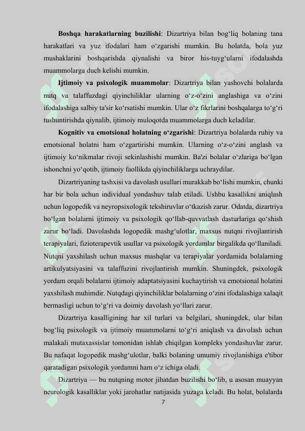 Dizartrik bolalar bilan olib boriladigan logopedik va psixologik ishlarni to‘g‘ri takomillashtirish yo‘llari. 7