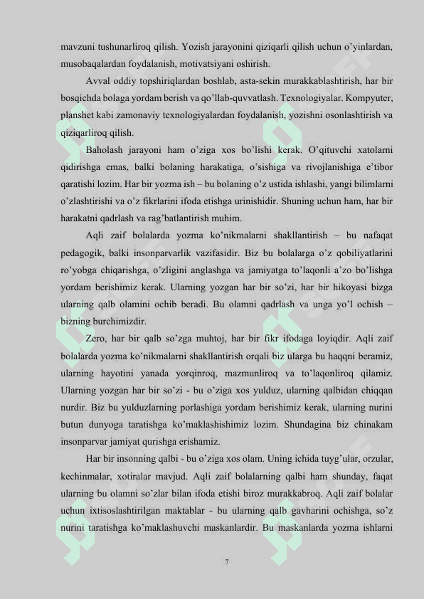 Aqli zaif bolalar uchun ixtisoslashtirilgan maktab va maktab internatlarida yozma ishlarni tekshirish, baholash,xatolar ustida ishlash metodikasi 7