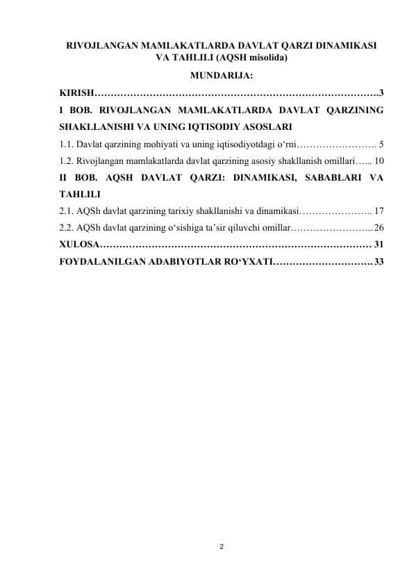 RIVOJLANGAN MAMLAKATLARDA DAVLAT QARZI DINAMIKASI VA TAHLILI (AQSH misolida)