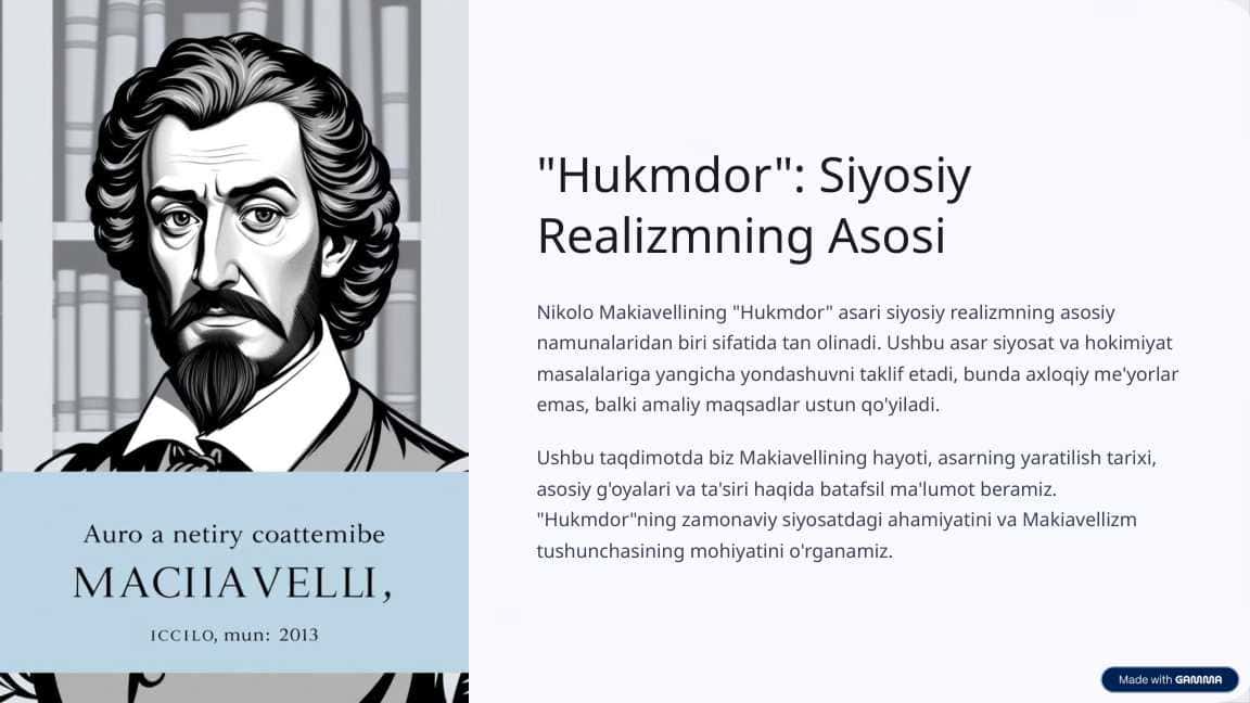 Makiavellining “Hukmdor” asari bo`yicha slayd 1