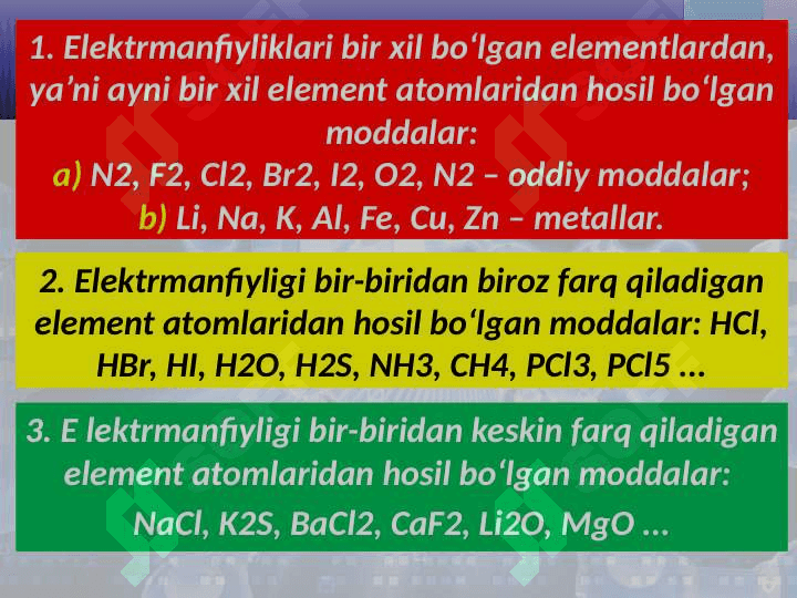 Kimyoviy bog‘lanish turlari.qutbli va qutbsiz KovaleNt bog‘lanish 4
