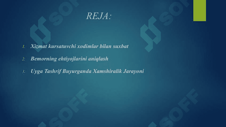Bemorlar va xizmat ko'rsatuvchi xodimlar Bilan suxbatlar o'tkazish. Uyga tashrif buyurganda xamshiralik jarayonini qo'llash 2