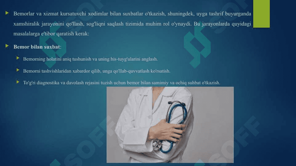 Bemorlar va xizmat ko'rsatuvchi xodimlar Bilan suxbatlar o'tkazish. Uyga tashrif buyurganda xamshiralik jarayonini qo'llash 3